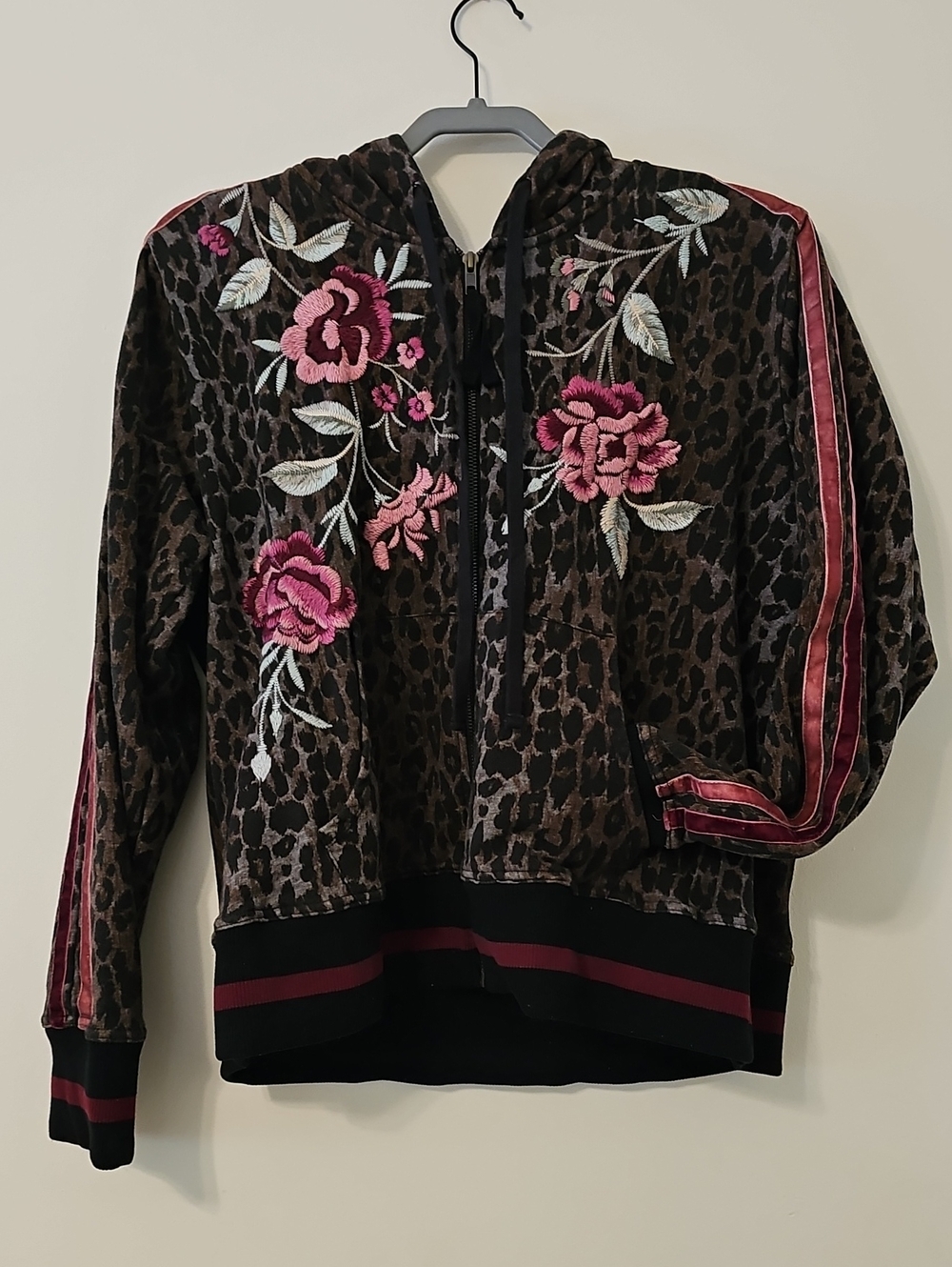 Angels Leopard Velvet Bomber Jacket with Pink Floral Embroidery